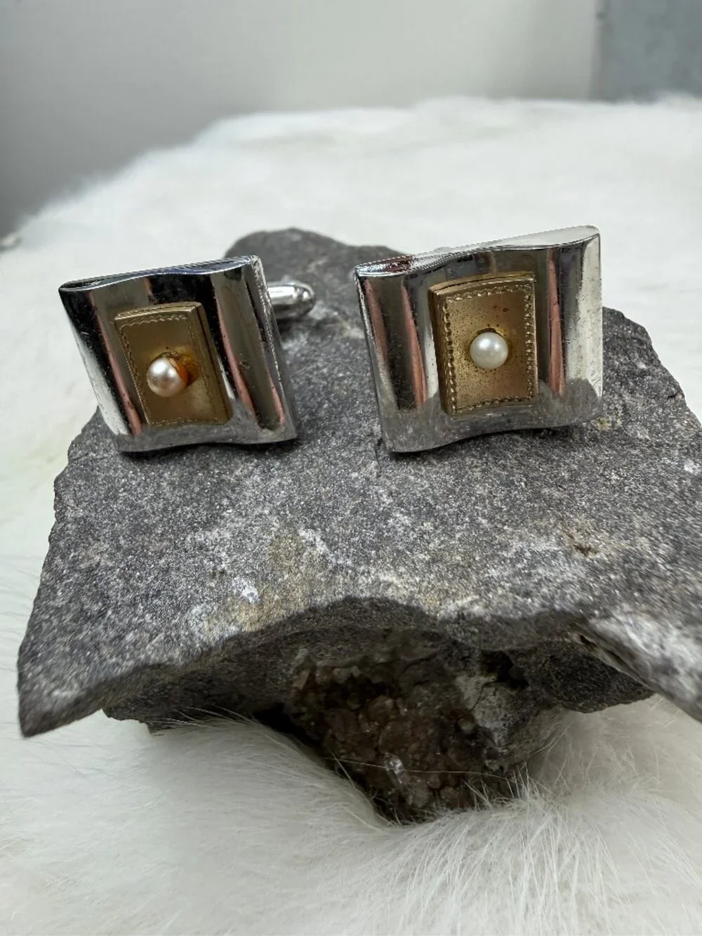 Vintage Anson Two Tone & Faux Pearl Men's Cuff Links Cufflinks Silver Gold